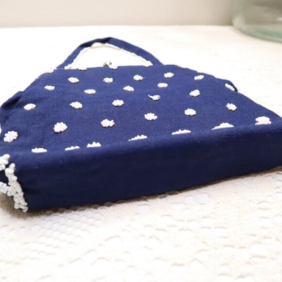 Vintage Beaded Evening Bag: Navy Blue Floral Handbag, Rhinestone Clasp - Picture 5 of 11